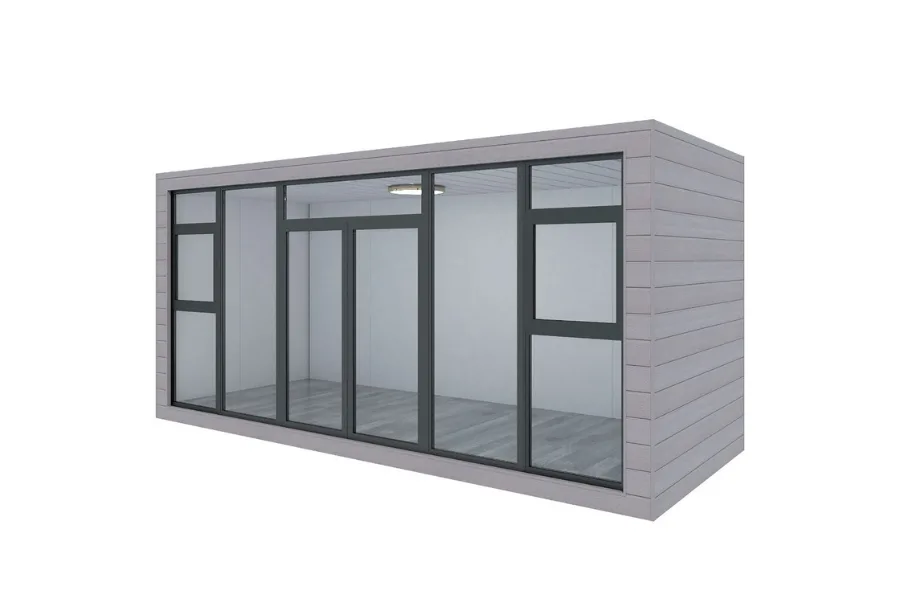20x8 modular garden room with grey cladding and full glass wall