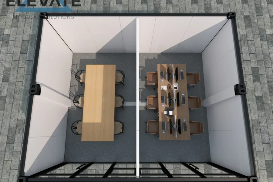 Top-down interior layout of a modular office with two separate workspaces.