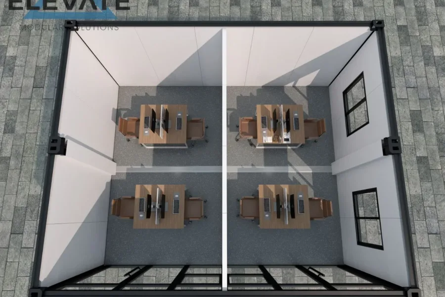 Top-down view of a modular office showing a workspace and a meeting area.