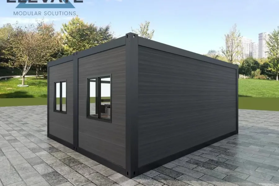 Light-toned wood modular office with side-facing windows and glass entrance.