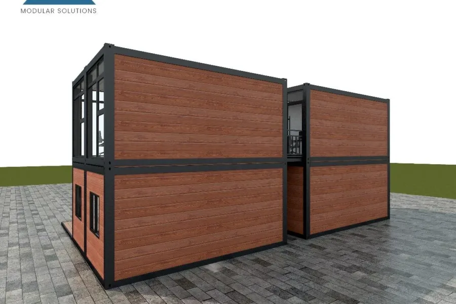 Rear perspective of a modular office showcasing red-toned wood panelling.