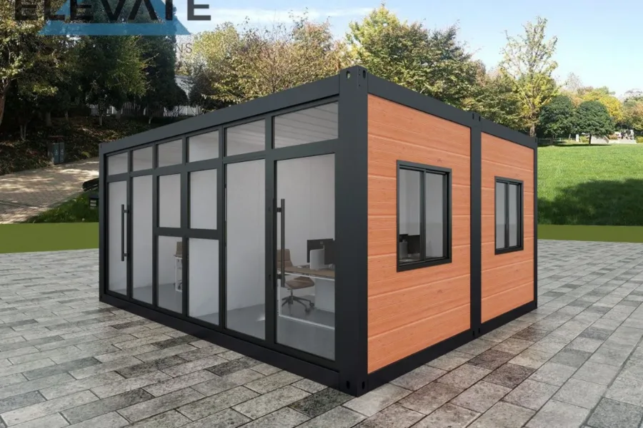 Side view of modular office with wood cladding and front glass entry.