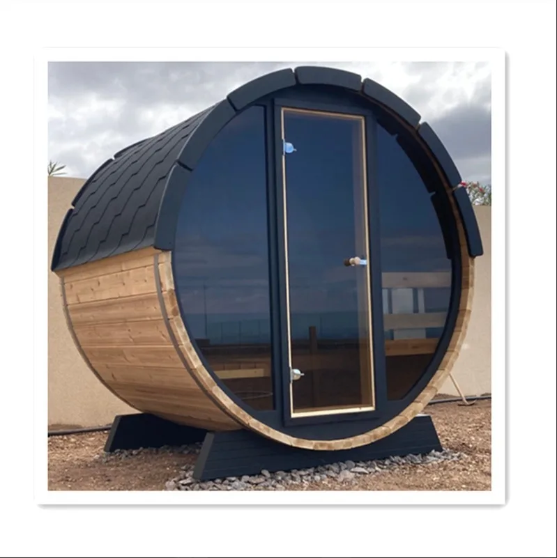 our barrell sauna with a full glass front