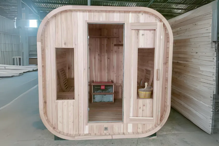 modular cube sauna with windows and door open