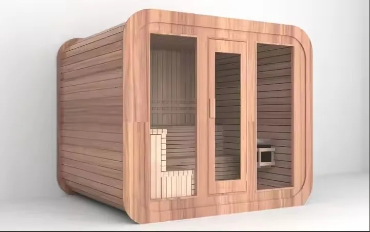 front angle view of cube sauna with floor to ceiling glass panelling