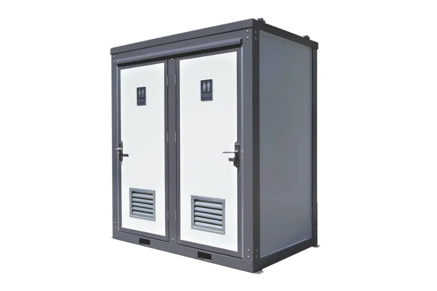 angled view of male/female toilet unit by elevate modular solutions